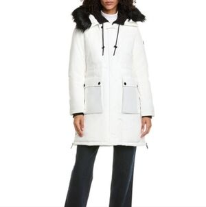 Sam Edelman Women’s White Parka Coat/ Faux Fur Trim/ Fleece Lined Hood NEW!!